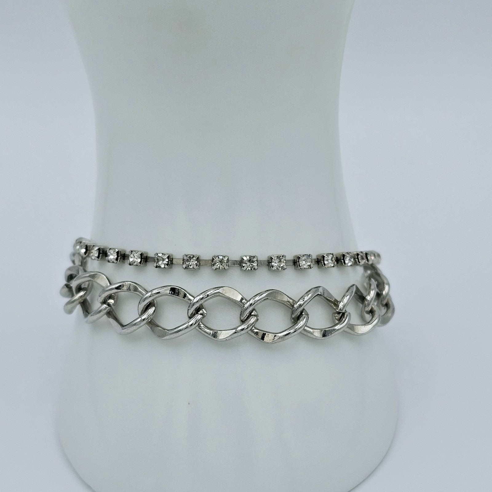 Rhinestone Bracelet Tennis Chain Link Double Strand Statement Jewelry Silvertone
